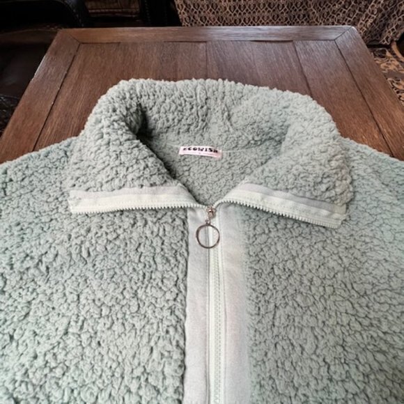 BUNDLE 3 FOR $18-Ecowish Women Small Pale Green Faux Fuzzy Sherpa Collar Bomber - Picture 6 of 13